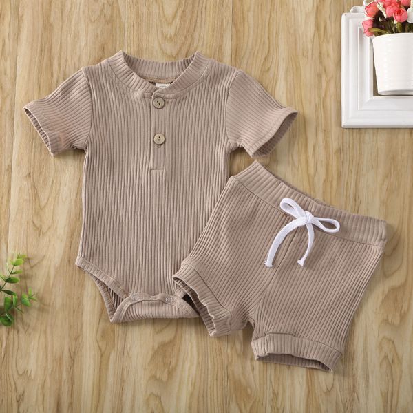 

2020 newborn infant kid baby boy girl summer clothes short sleeve bodysuit shorts ribbed solid 2pcs outfits set, White