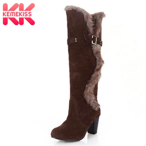 

kemekiss size 34-43 gladiator snow boot women square heels half short boot lady warm plush winter boots leisure shoes woman, Black