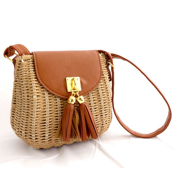 

women durable weave straw beach handbags tassel leather belt handmade woven bag shell tote female messenger bag