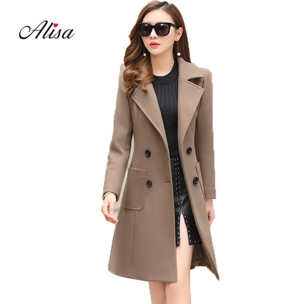 

plus size ladies winter coats 2019 new long sleeve solid double breasted medium long woolen overcoat women korean coat fashion, Black