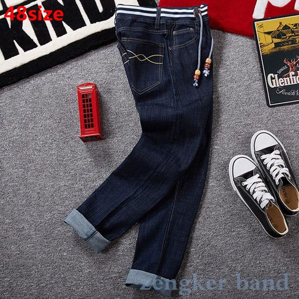 

plus size men's autumn and winter new big size band oversize high waist stretch denim large blue jeans 44 46 48 42