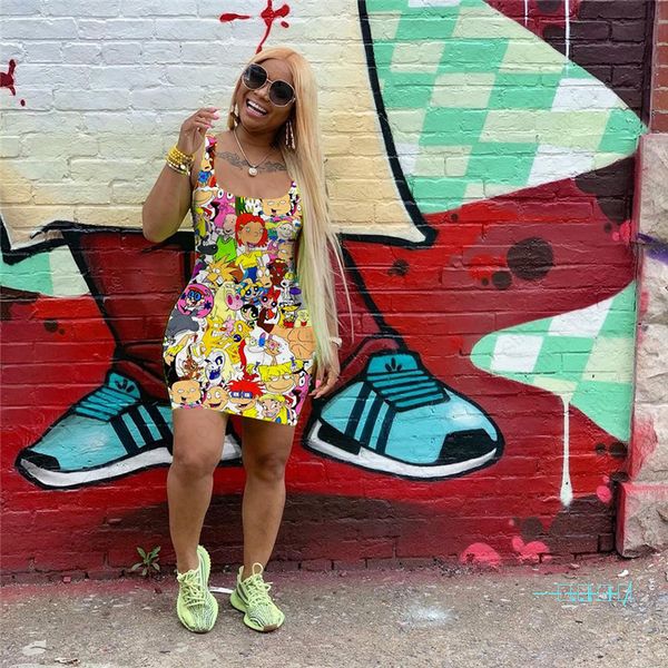 

s-3xl women designer cartoon dress sleeveless t shirt vest tank dresses summer anime kids boys girls tight skirt beachwear party dress d5804, Black;gray