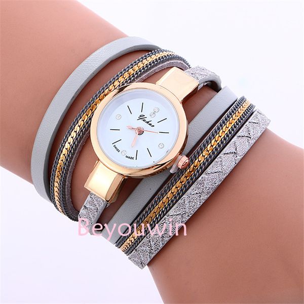 

100pcs/lot fashion lady wrap around leather watch elegance women special chain no crystal bracelet watch for girl wholesale, Slivery;brown