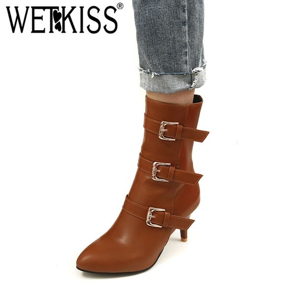 

wetkiss thin high heels ankle boots women pointed toe footwear pu female boot shoes women 2018 winter winter plus size 45, Black