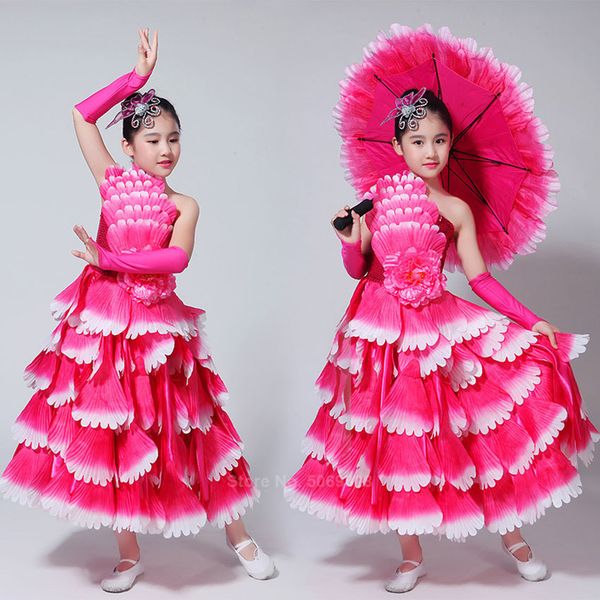 

gypsy girls spanish bullfight flamenco skirt belly dance dresses for kids girl long robe flamenco peony petal dress costume, Blue