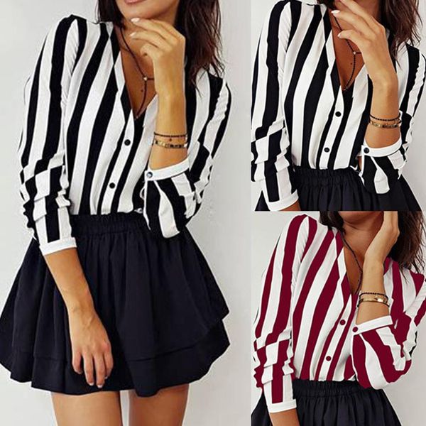 

women striped blouse shirt long sleeve blouse v-neck shirts casual et chemisier femme blusas mujer de moda 2019, White