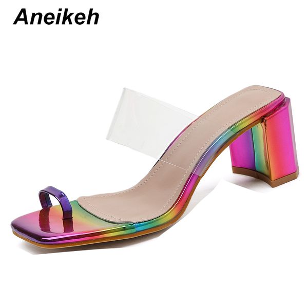 

slippers aneikeh 2021 summer pvc narrow band slipper woman high heels peep toe pinch mules outside ladies slides party shoe 35-40, Black