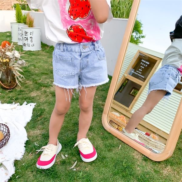 

left and and left prince 2020 summer dress girl jeans mid-waist shorts children's jeans shorts, Blue