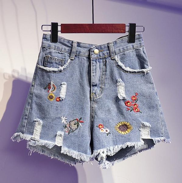 

high waist denim shorts 2020 summer women flower embroidery fringe pocket hole plus size 5xl shorts jeans female harajuku p652, White;black