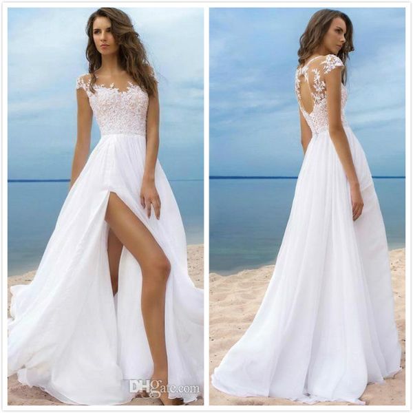 Discount Modest Beach Wedding Dresses Cheap Lace Cap Sleeves Chiffon High Split Lace Up Back Long Bridal Gowns Custom Made 2019 Lace Wedding Dresses