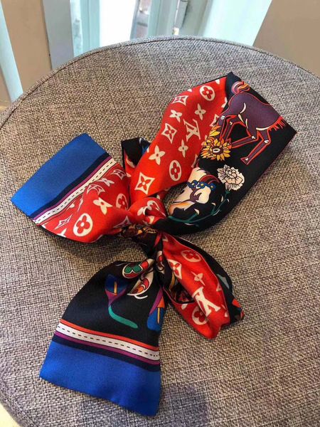 

2019 women fashion ribbon silk scarf beautiful mix design girls neckerchief hair band bag handle wraps small neck scarves, Blue;gray