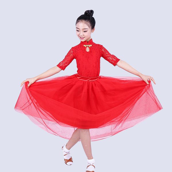 

children modern dance dresses girls long sleeve red/white lace skirt ballroom dance performance costume waltz costume dql1314, Black;red