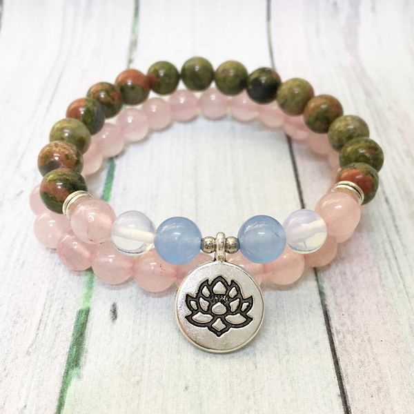 MG0561 Doğal Gül Kuvars Kadınlar Mala Yoga Bilezik Seti 8mm Unakite Manevi Bilezik Lotus Charm Enerji Bilezik