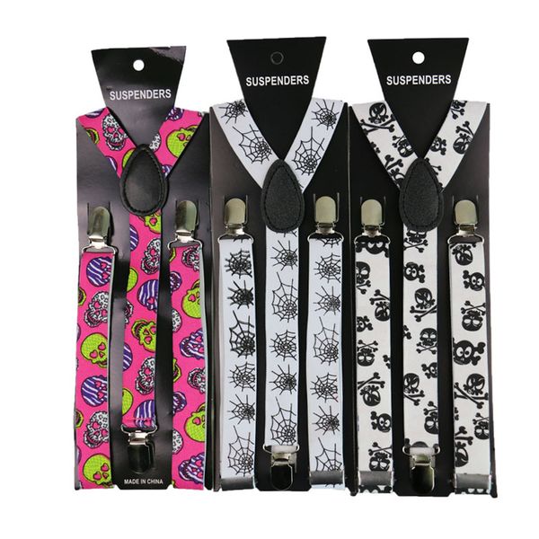 

adjustable elasticated 2.5cm wide skull cobweb print suspender straps men womens y-shape elastic 3 clip suspenders, Black;white