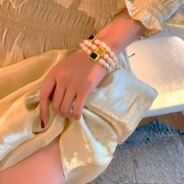 

2020 vintege trendy luxury color crystal charm bracelet for woman fashion freshwater pearls luxury cuff jewelry accessoires, Golden;silver