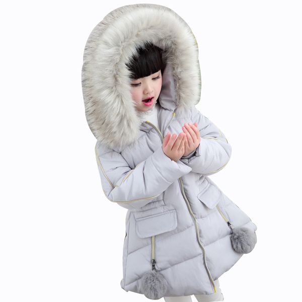 

rlyaeiz winter jackets for girls 2018 sweet down cotton thicken warm children coats solid girl's large fur collar parka coat, Blue;gray