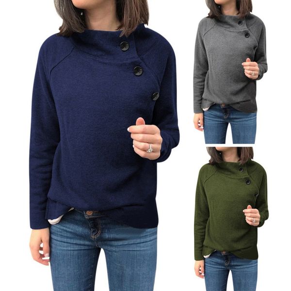 

women fashion button sweatshirt turtleneck long-sleeve solid color sweatshirt pullover autumn winter clothes 2019 new, Black