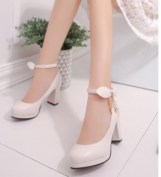 

korean bride shoes beige wedding dress shoes bow buckle round head high heels rough single shoes ladies high heels three colors select, Black