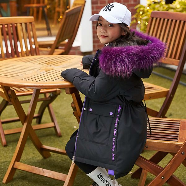 

winter warm thicken children girls jacket fur collar hooded kids long down coats casual zipper teenage overcoats 5-13t, Blue;gray