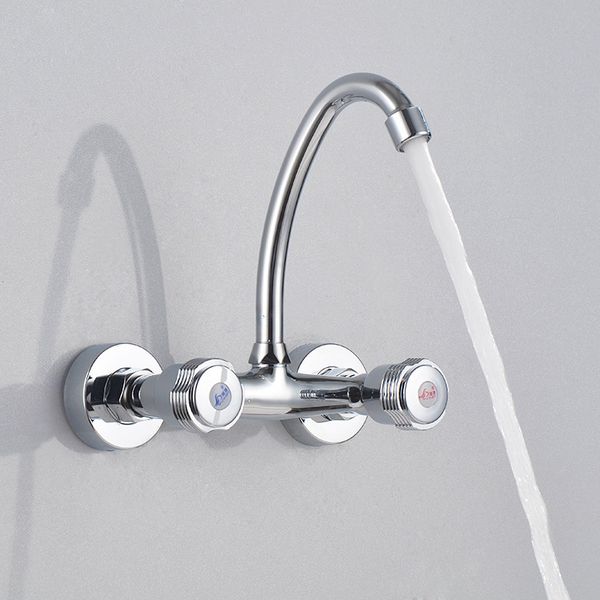 

factory direct copper kitchen faucet double-control and cold mixing valve wall-type 16-tube dish faucet double-open