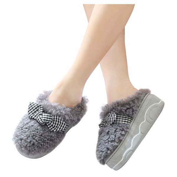 

butterfly-knot flock ladies slippers winter fluffy indoor non-slip home slippers women house zapatos de mujer warm slipper, Black