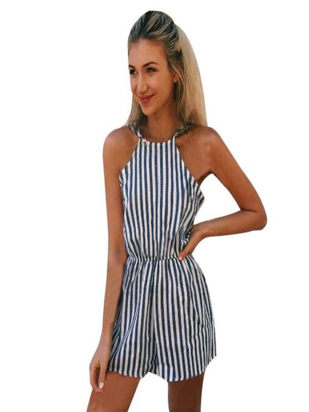 

navy vertical striped playsuit women halter backless mini ladies jumpsuit summer sleeveless beach romper casual overalls py, Black;white