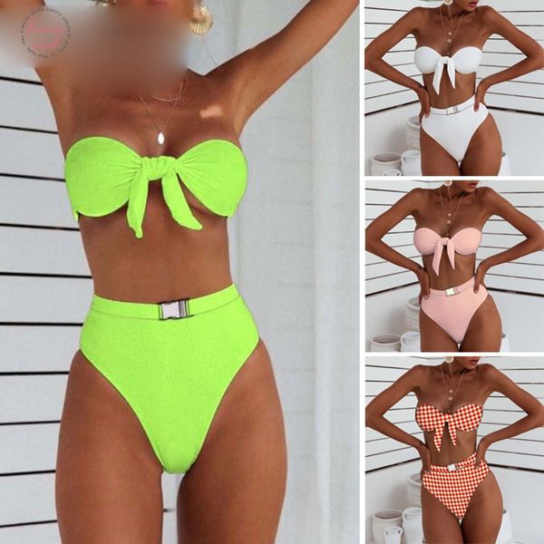 

front tie push up swimsuit female 2019 buckle high waist bikini bikinis mujer biquinis neon swimwear women bathing suit swim suit, White;black