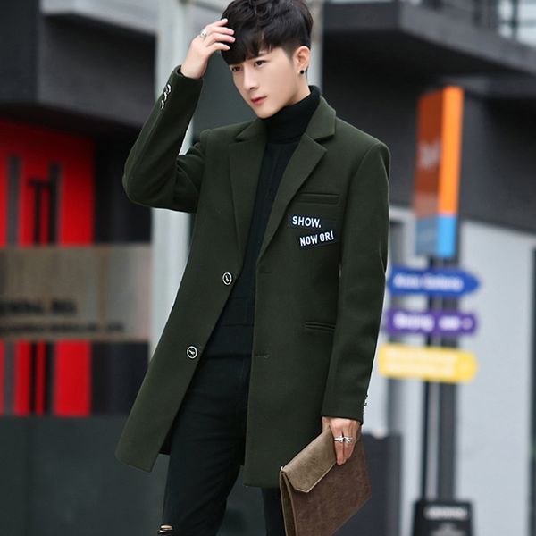 

2019 new autumn and winter men's slim plush long coat men, Tan;black