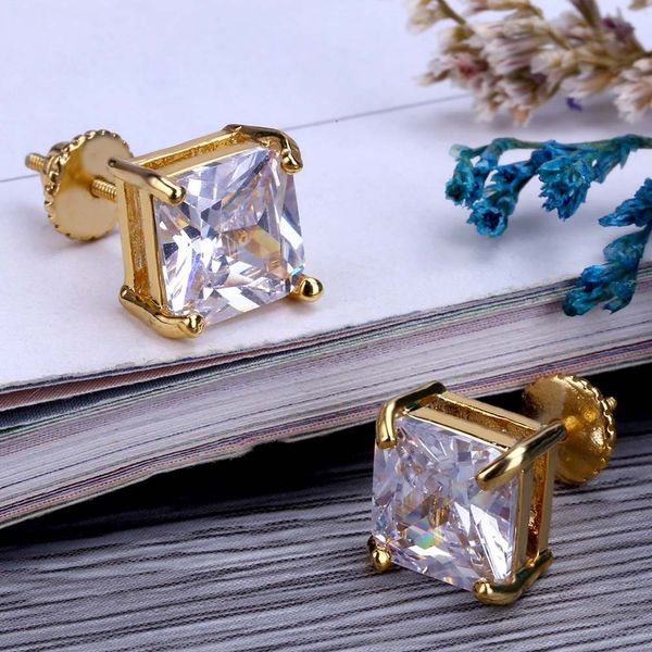 

gold-plated micro insert square zirconium stone thread ear nail hiphop hip-hop 6mm earring, Golden