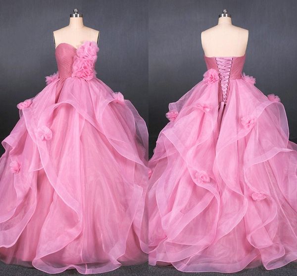 

hand made flowers prom dress ball gowns with ruffles 2019 pleated tiered corset back tulle sweet 16 dress quinceanera dress for sweet 15, Black