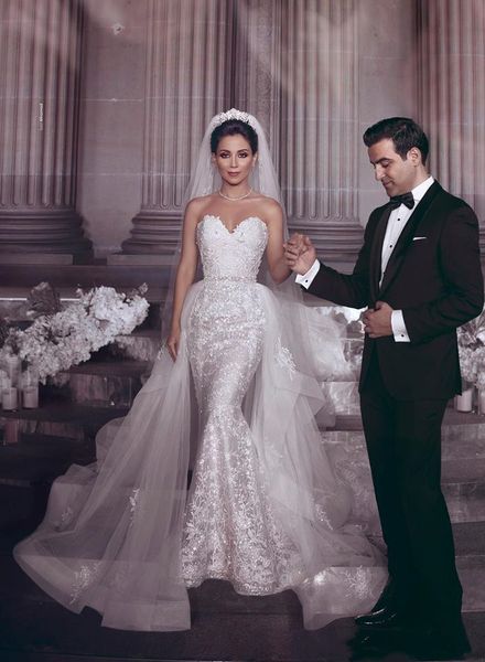 

new sweetheart lace mermaid wedding dresses bridal gowns 2019 with detachable train wedding dress crystal wedding gowns veil h044, White