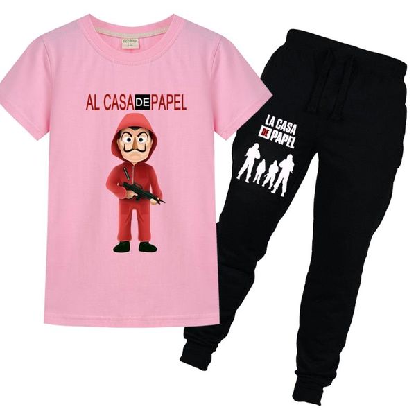 

funny la casa de papel t shirt + pants 2pcs sets money heist tees tv series boys short sleeve trousers clothes children suits, White