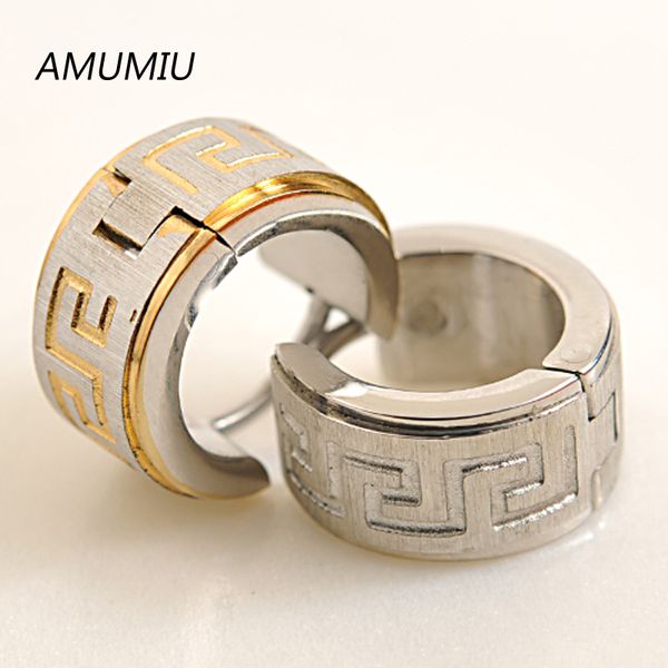 

amumiu 1 pair women's men's stainless steel earrings silver gold hoop earrings greek key fashion jewelry, wholesale ke007, Golden;silver