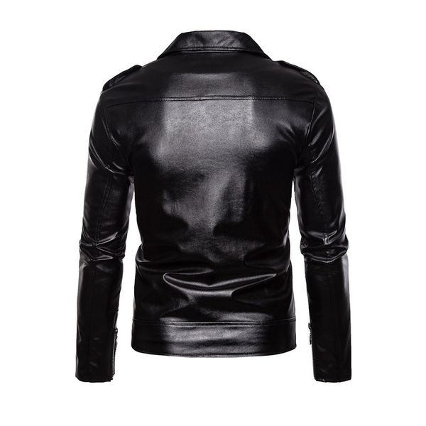 

large size 2019 autumn and winter new style men fold-down collar button zipper decorations locomotive slim fit leather coat, Black