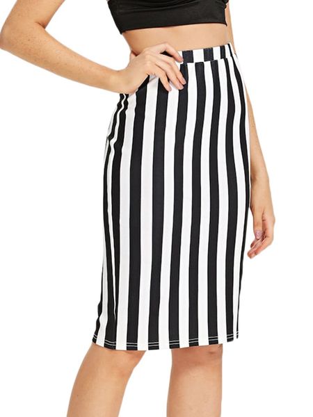 

casual knee length ol skirts women summer striped print pencil skirt 2019 new fashion faldas mujer moda jupe femme, Black