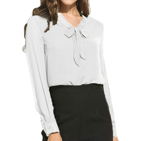

2019 fashion spring summer womens long sleeve solid color lace large size chiffon bow casual office chemise, White