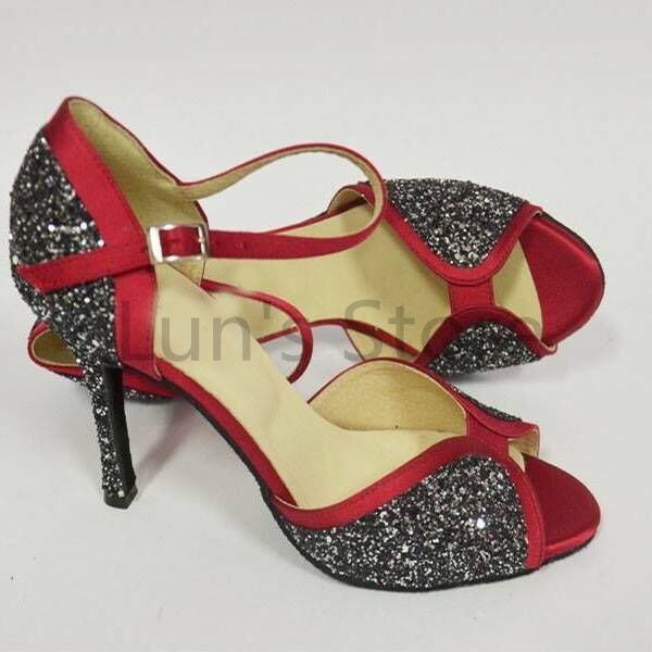 

new ladies red satin and colorful glitter latin salsa dance shoes tango bachata dance shoes all size