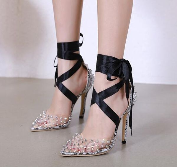 

модные женские туфли с красной подошвой на высоких каблуках дизайнер обуви заклепками остроконечные toespumps10cm сандалии свадьба платье об, Black