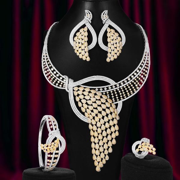 

godki 4pcs big fashion feather africa jewelry set for women wedding party cubic zirconia dubai bridal jewelry 2020, Silver