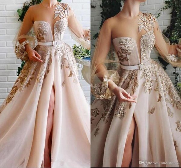 

2020 new side split prom dresses tulle appliqued beads jewel neck a line long sleeve evening dress floor length custom made formal gowns, Black