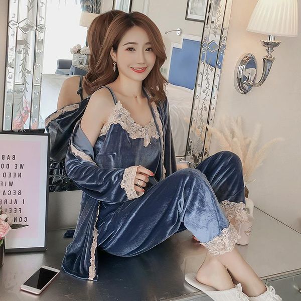 

3 pieces women satin sleepwear pyjamas lace pajamas sleep home clothing lounge pijama strap nightwear long robe pajama suit, Black;red