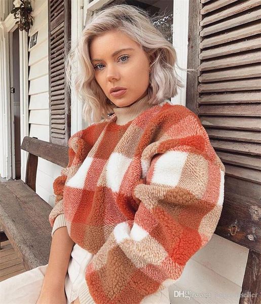 

new autumn and winter round collar checked hoodie long sleeve imitation lamb base coat loose casual teenagers apparel, Black