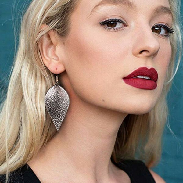 

2020 fashion trend women ladies casual new spring summer leaf pu leather teardrop bohemian drop dangle earrings jewelry gift, Silver