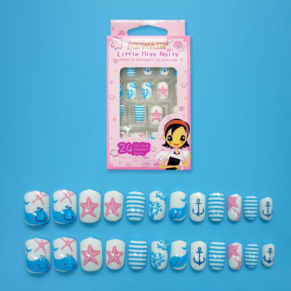 

24 pcs lovely blue ocean cute dolphin children fake nails pre-glue press on nail tips nail starfish embellishment, Red;gold