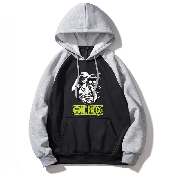 

2019 autumn winter fleece japan anime sweatshirt one piece luffy mens funny hooded casual raglan hoodies hipster warm tracksuit, Black