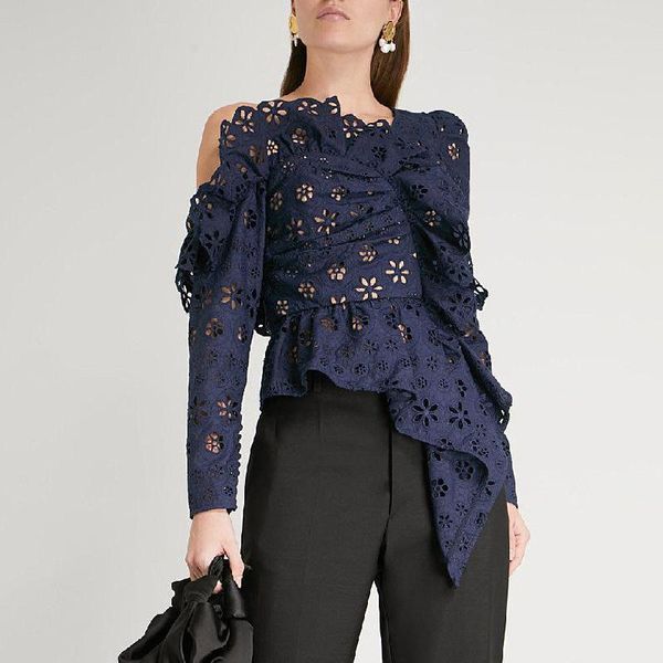 

2019 spring summer off-the-shoulder cutout lace blouse women long sleeve lace top, White