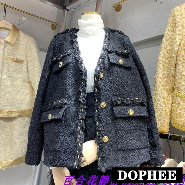 

women's 2019 autumn/winter small fragrance fashion v collar weaving fur edge wool blends coat lady's elegant tweed jacket, Black