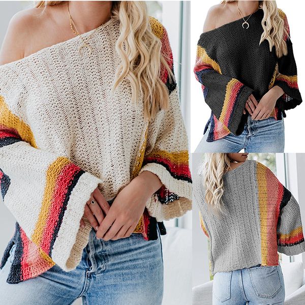 

women's sweaters 2021 spring model hollow beach shirt stitching knitted rainbow sweater female pullover ladies womens, White;black