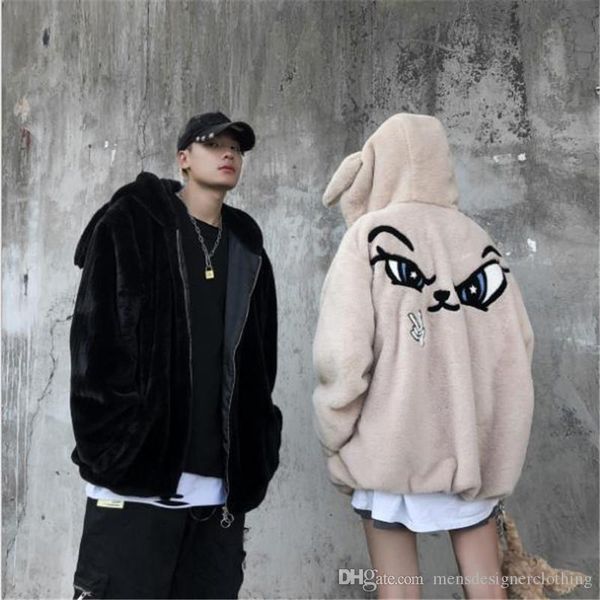 

мужские плюшевые конструктора пальто зимы сплошного цвета rabbit ears emoji вышивка сыпучие с длинными рукавами с капюшоном пальто моды паль, Black