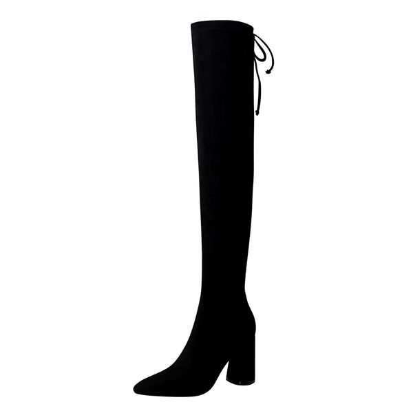

black sheepskin over the knee boots women pointed toe chunky heeled booties thick high heels tall winter long gladiator booties